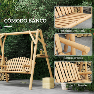 Banco Columpio de Jardín de Madera de 2 Plazas Balancín de Jardín Exterior con Bandejas Laterales Reposabrazos y Estructura en A para Patio Porche Carga 240 kg 200x135x175 cm Natural