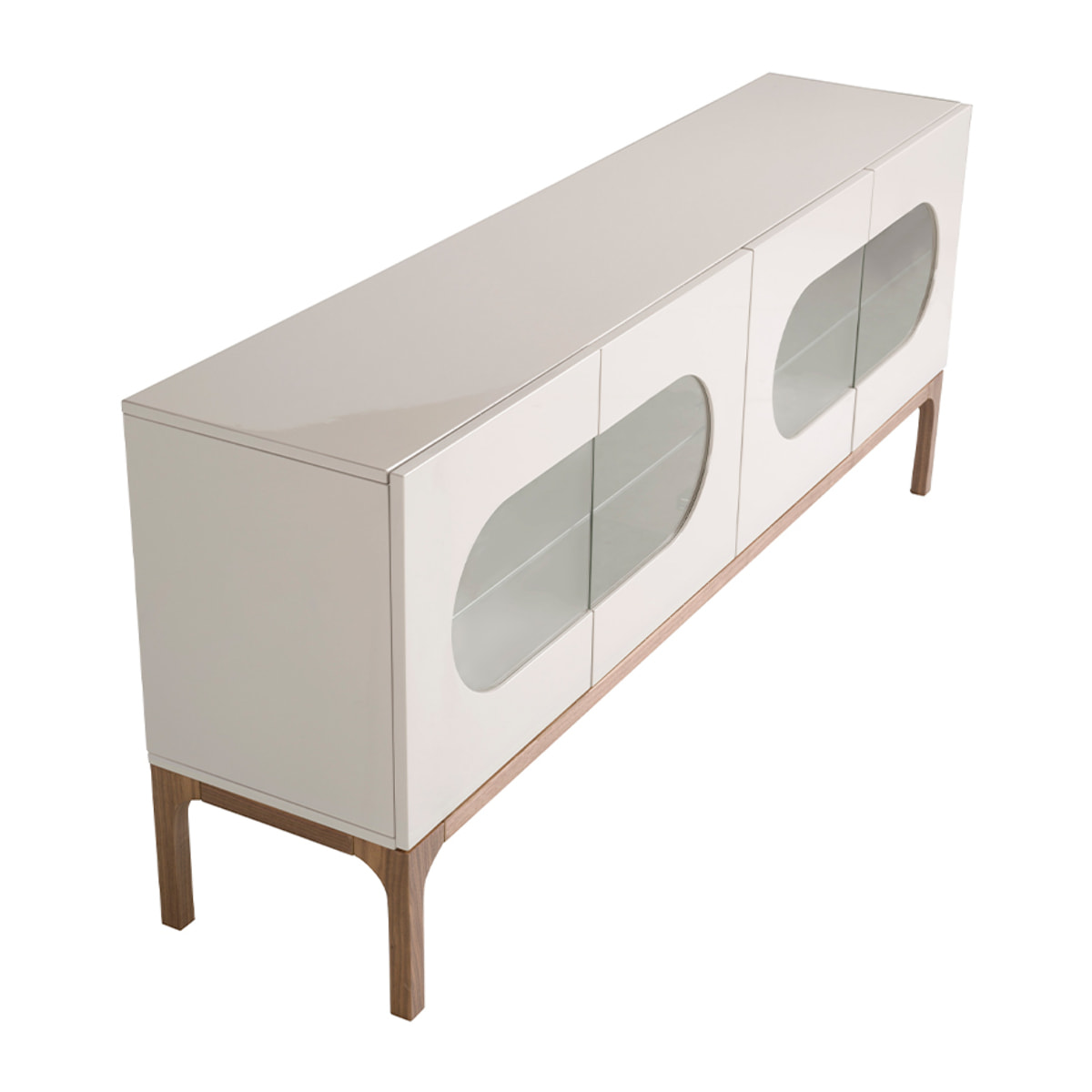 Aparador Angel Cerdá con estructura de madera de MDF en gris y patas de madera en nogal con iluminación interior 180x41x75cm