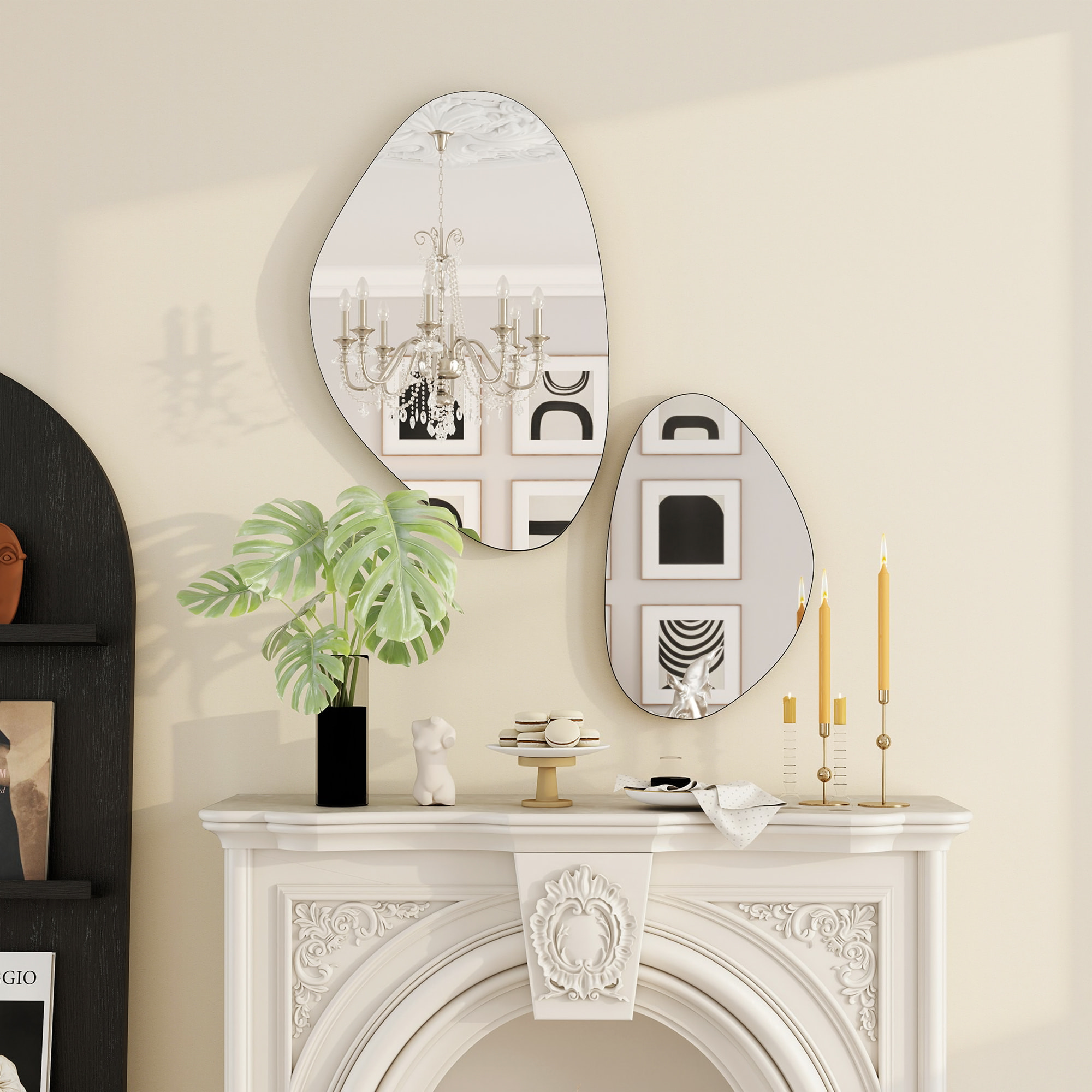 Lot de 2 miroirs organiques à suspendre L.46 x H.70 cm et L.31 x H.49 cm cadre métal noir