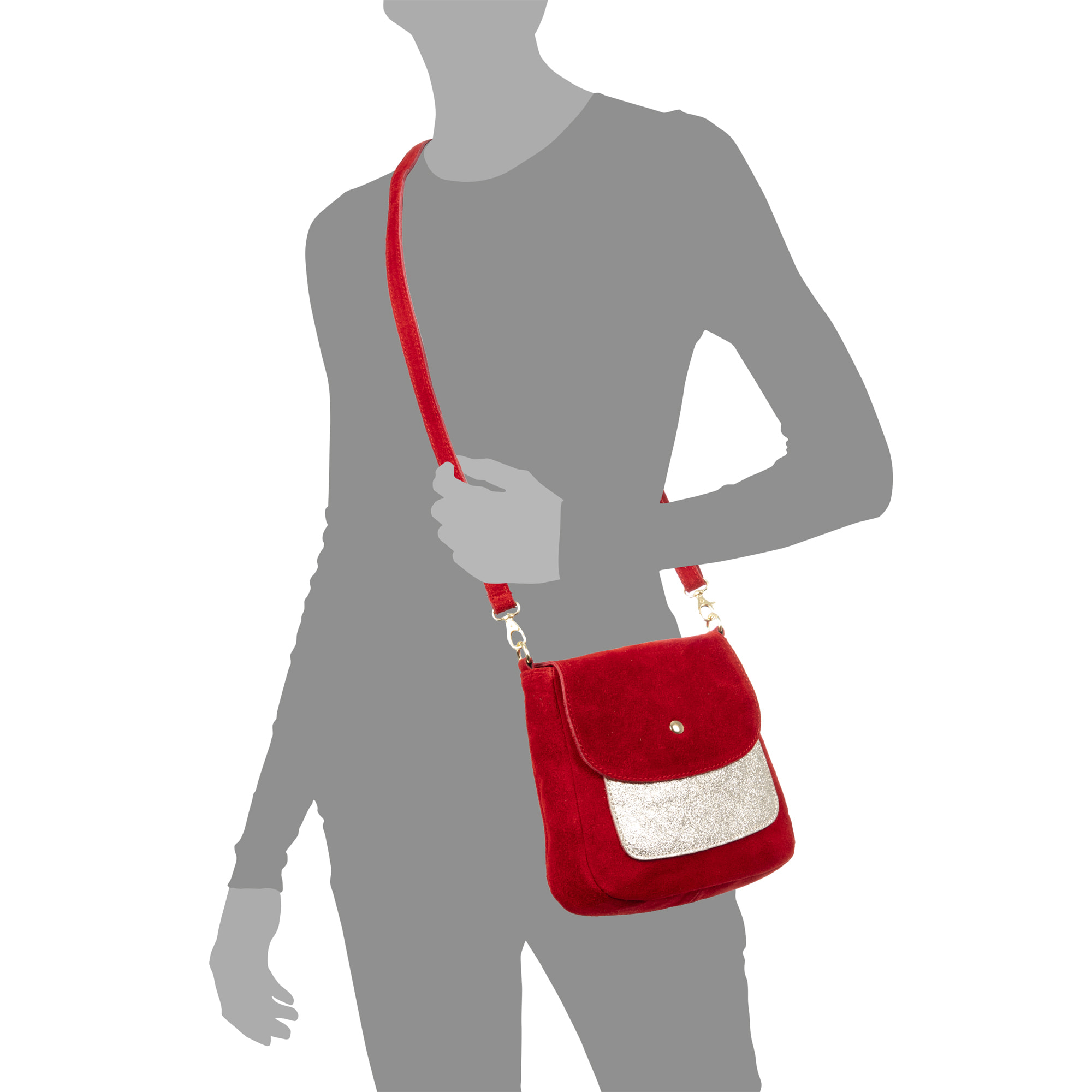 Altissimo borsa a tracolla donna. Pelle scamosciata autentica combinata con scamosciato lucido.