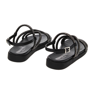 Sandalias bajas negras de tela con piedras