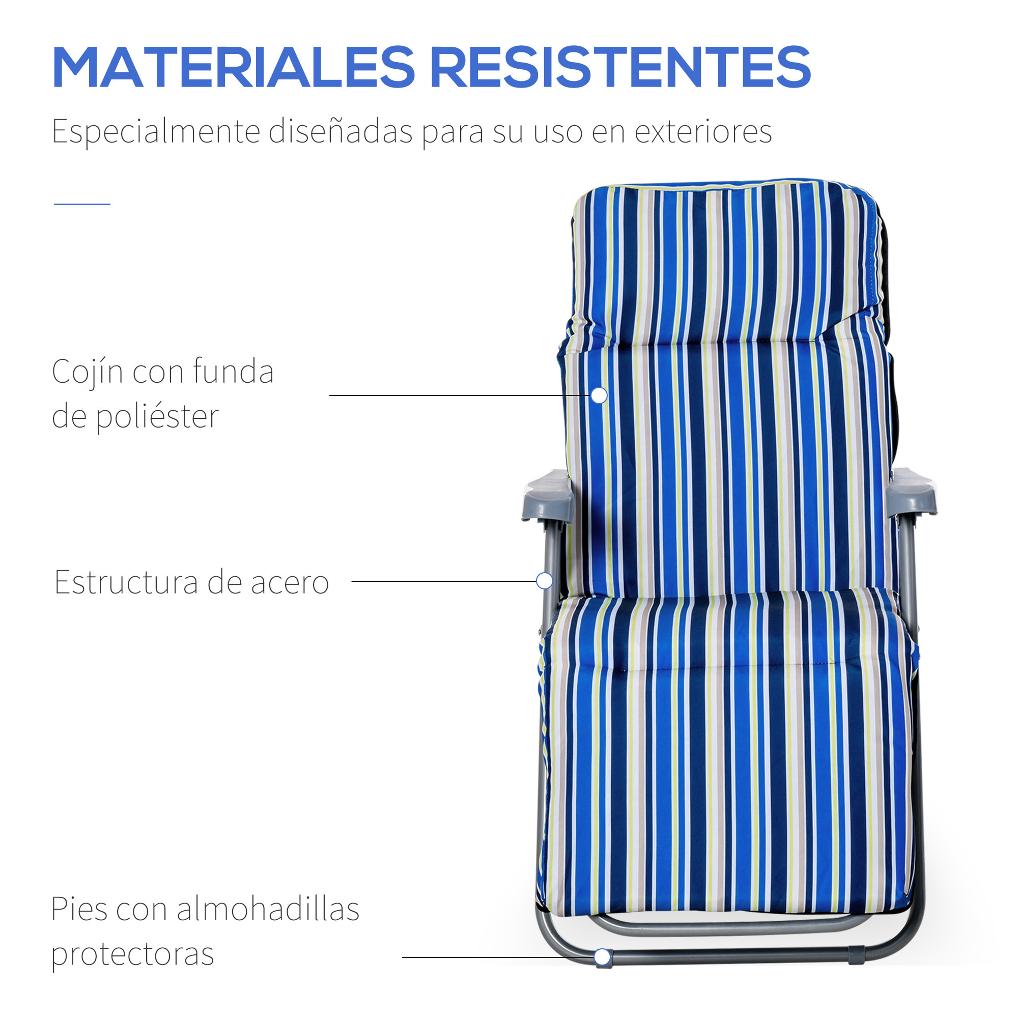 2 Tumbonas Plegables Tumbonas de Jardín de Acero con Cojín Acolchado Respaldo Ajustable en 5 Posiciones y Reposapiés 60x75x65-102 cm Rayas Azul