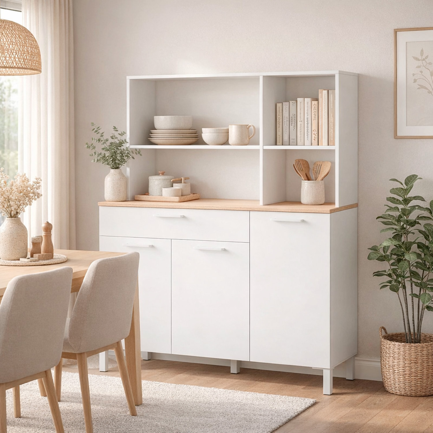 Mobile Da Cucina Credenza Con 3 Ante 1 Cassetto Madia Moderna Mobile Contenitore Con Vani A Giorno Mobiletto Dispensa 108x40x126 Cm Bianco E Rovere