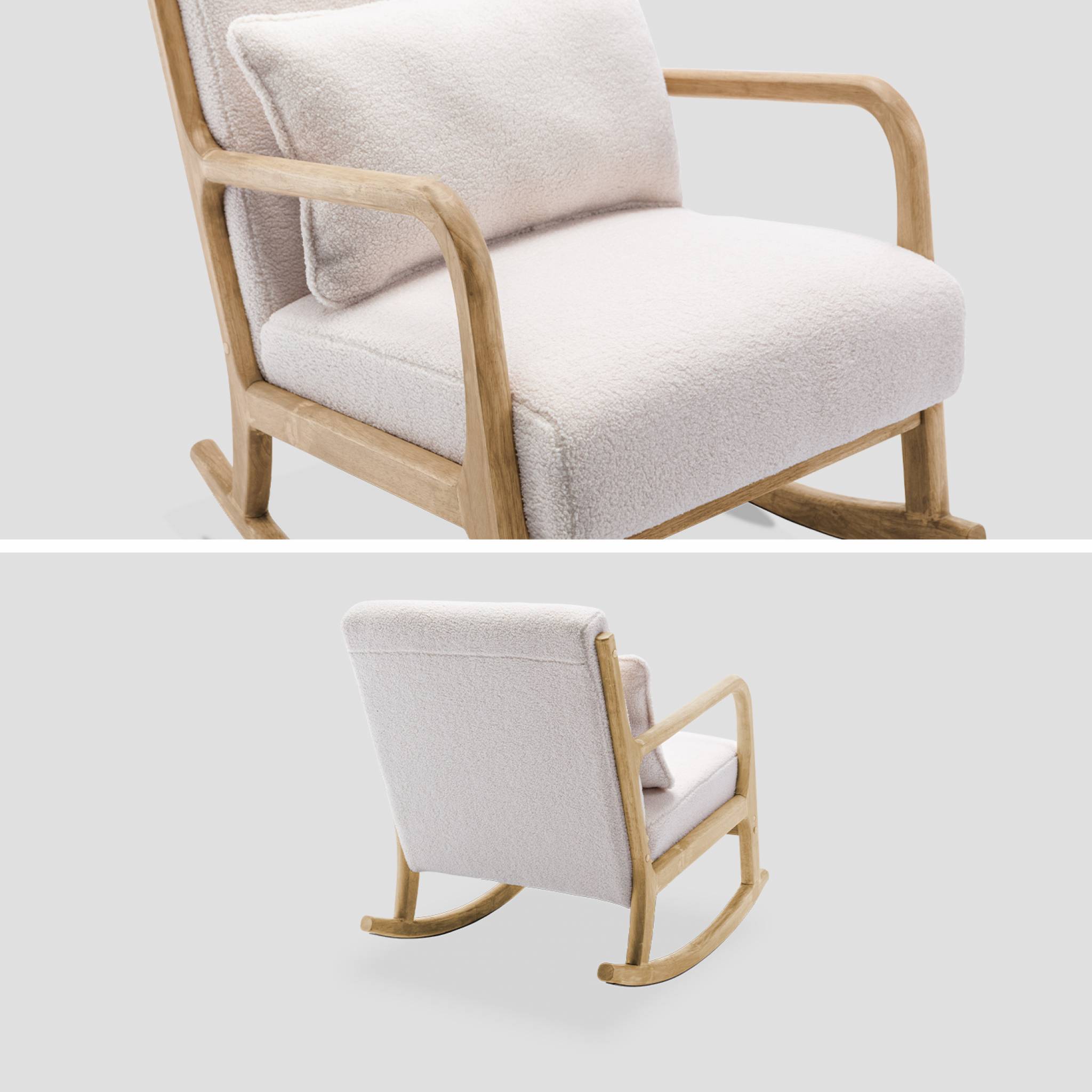 Fauteuil à bascule design en bois et tissu. bouclettes blanches. 1 place. rocking chair scandinave