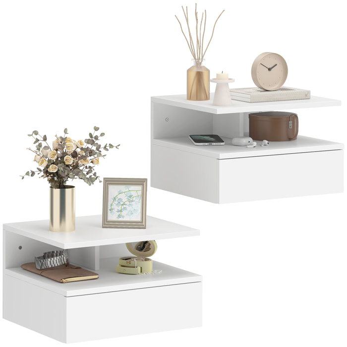Juego de 2 Mesitas de Noche Flotantes con Cajón, Mesillas de Noche Dormitorio, Montado en la Pared, Estilo Moderno, para Sala de Estar, 35x32x22,5 cm, Blanco