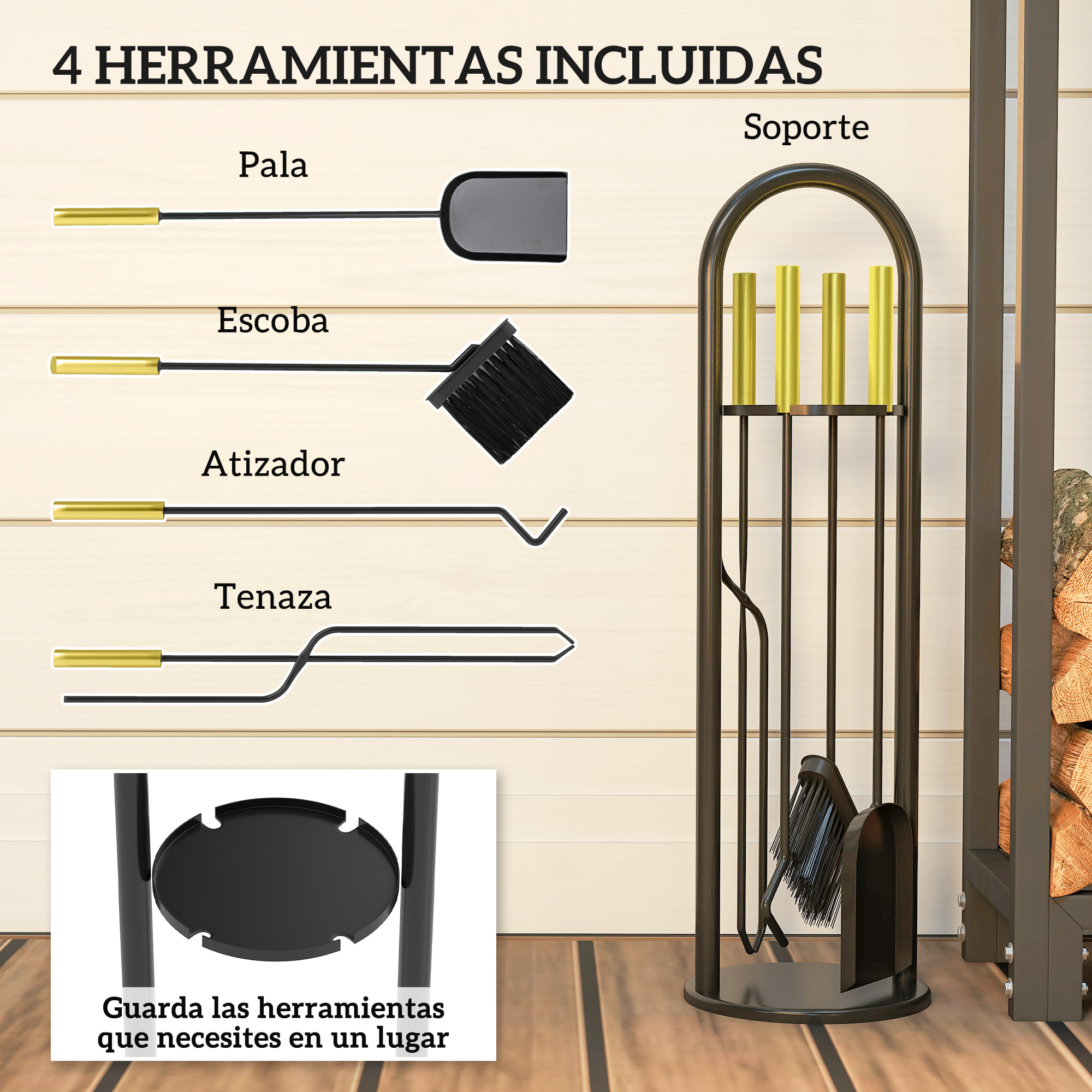 Juego Utensilios Chimenea de 5 Piezas, Juego de Accesorios para Chimenea de Metal con Escoba, Pala, 1 Par de Tenazas, Atizador y Soporte, 20x20x71 cm, Negro y Dorado