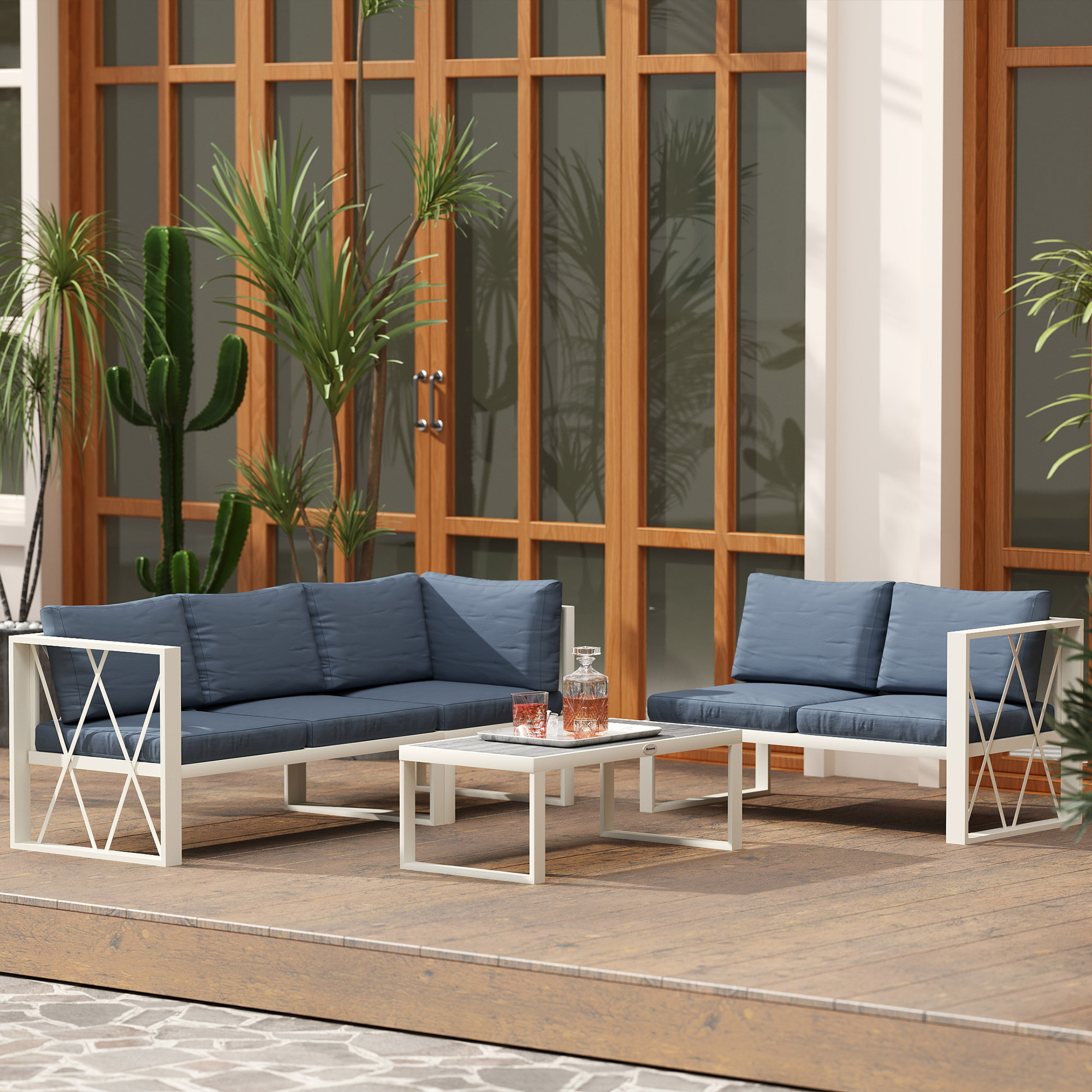 Conjunto de Muebles Jardín Exterior de 4 Piezas Sofá Exterior Seccional Forma de L con 2 Sofás de 2 Plazas Sofá de Esquina con Asiento Ajustable y Mesa Centro de DPC con Cojines Beige y Gris