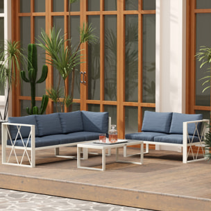 Conjunto de Muebles Jardín Exterior de 4 Piezas Sofá Exterior Seccional Forma de L con 2 Sofás de 2 Plazas Sofá de Esquina con Asiento Ajustable y Mesa Centro de DPC con Cojines Beige y Gris