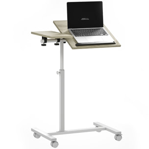 Mesa Auxiliar con Ruedas Mesa para Sofá con Altura Ajustable Superficie Inclinable y Marco de Metal para Dormitorio Salón Oficina 57x40x67,5-101 cm Roble y Blanco