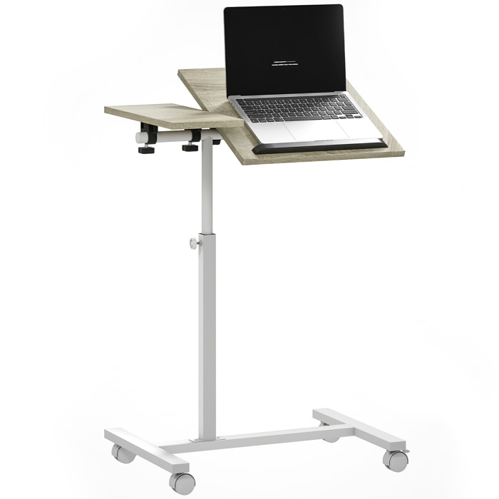 Mesa Auxiliar con Ruedas Mesa para Sofá con Altura Ajustable Superficie Inclinable y Marco de Metal para Dormitorio Salón Oficina 57x40x67,5-101 cm Roble y Blanco