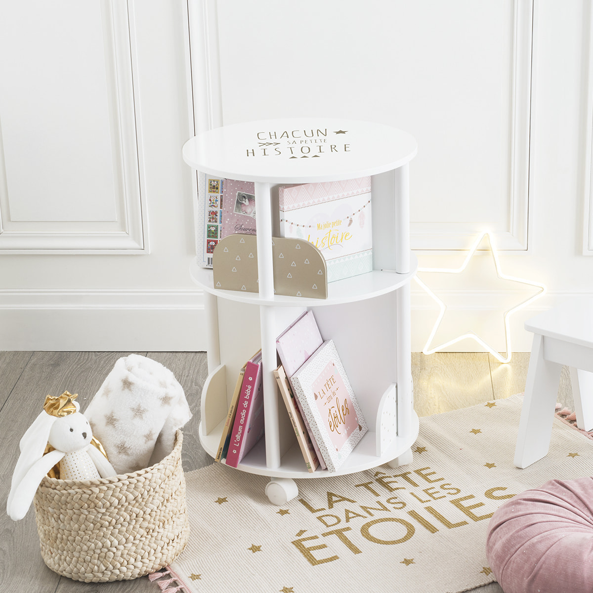 Bibliothèque enfant ronde - blanc & rose H59 cm