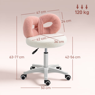 Taburete Giratorio con Respaldo Taburete con Ruedas Altura Regulable 63-77 cm Tapizado en Tejido de Borreguito para Salones Talleres Spa Masaje Blanco y Rosa