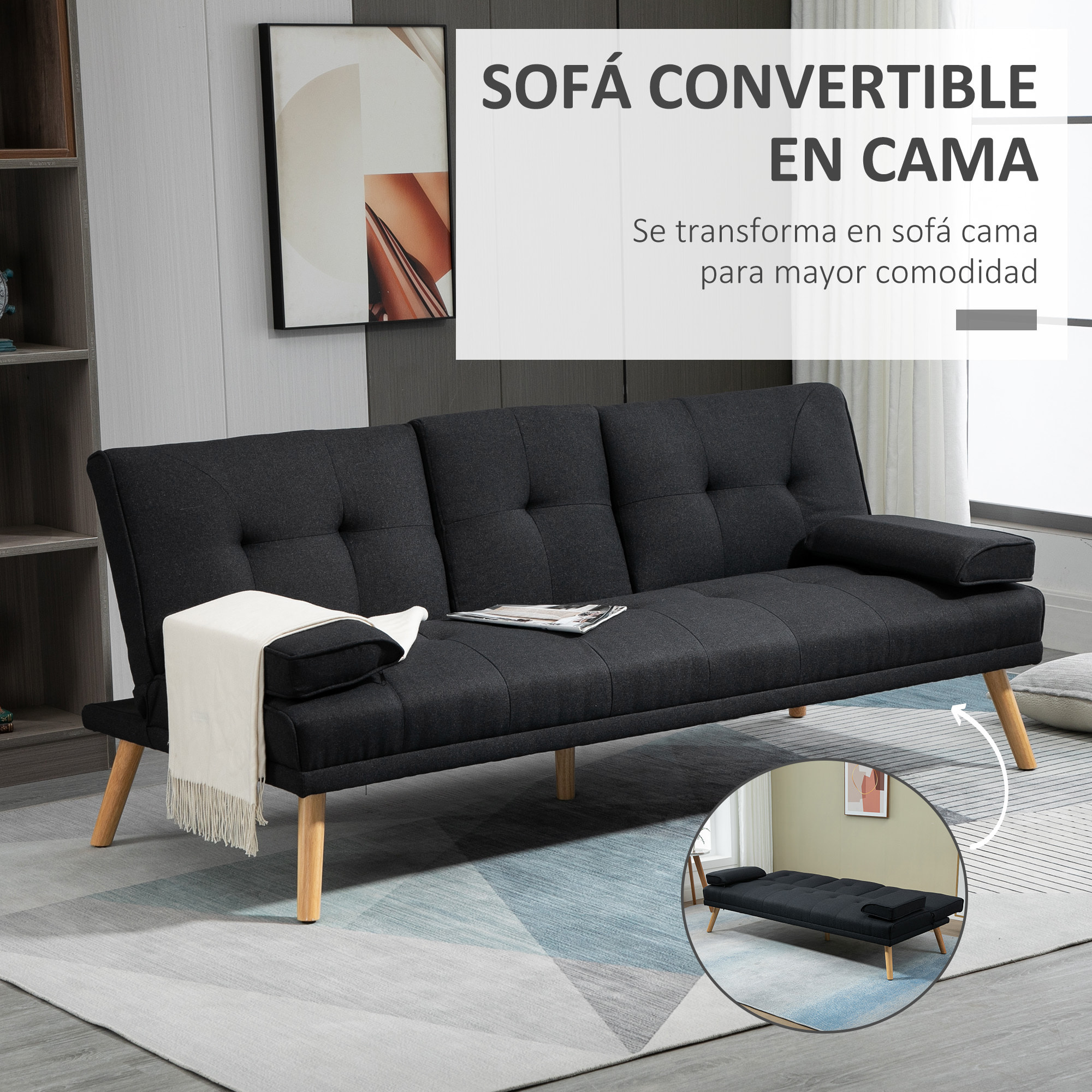 Sofá Cama 3 Plazas Sofá Cama Plegable con Respaldo Ajustable de 3 Niveles Reposabrazos Desmontable y 2 Soportes para Vasos 181x77x78 cm Gris