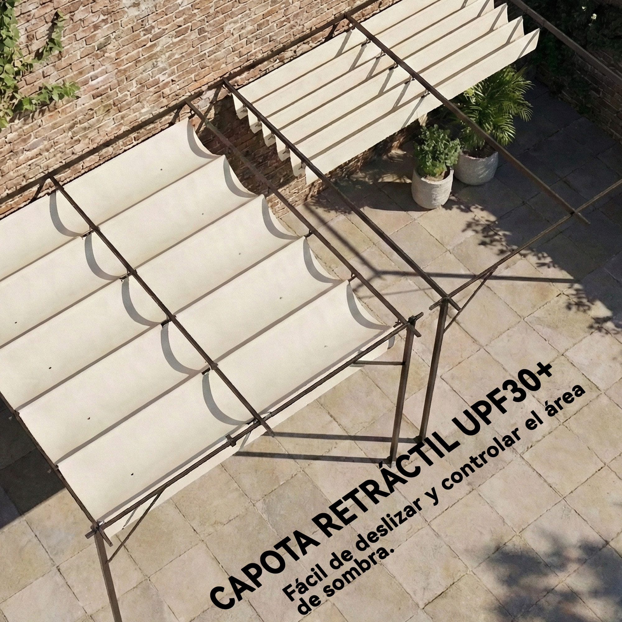 Pérgola de Pared de Jardín 3x3 m, Cenador de Jardín con Techo Retráctil, Protección UPF30+, Orificios de Drenaje y Estructura Metálica, Pabellón para Patio, Terraza, Exterior, Blanco Crema