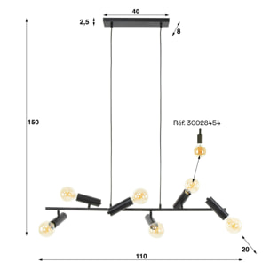 Suspension salle à manger tige 6 lampes, finition charbon RALF