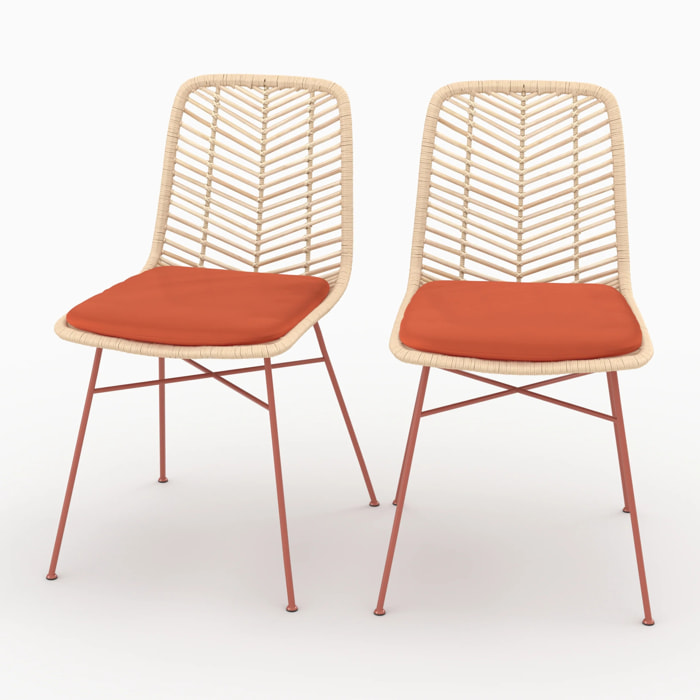 Lot de 2 chaises en rotin et tissu orange vermillon  - Tamara