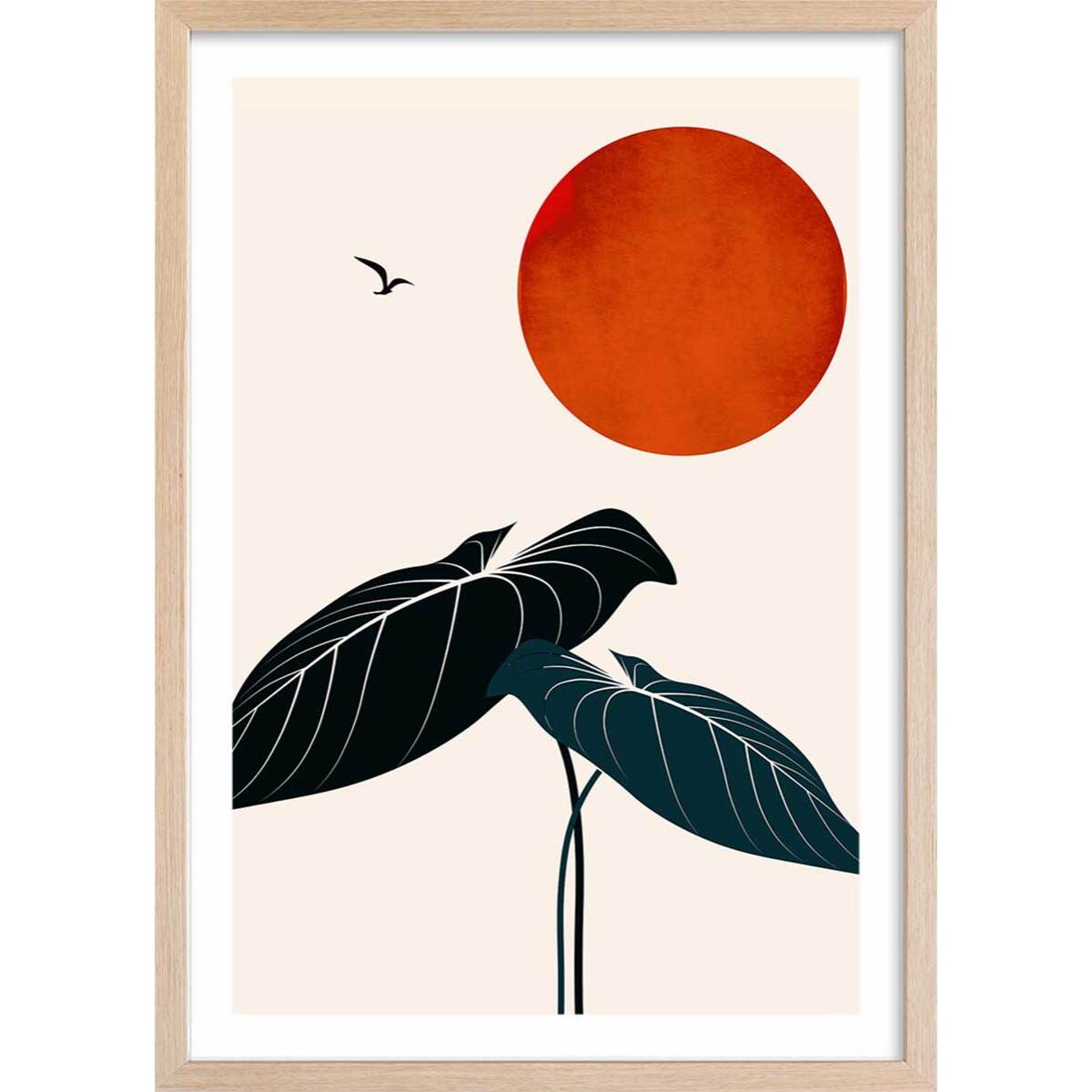 Affiche fleurs ""Monstera au soleil rouge"" Affiche sous cadre bois