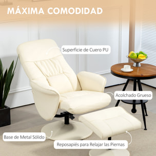 Sillón de Salón con Otomana Reposapiés Tapizado en PU Sillón Relax Reclinable hasta 145° y Giratorio 360° con Respaldo Ajustable para Salón Dormitorio Oficina 76x81x101 cm Blanco Crema