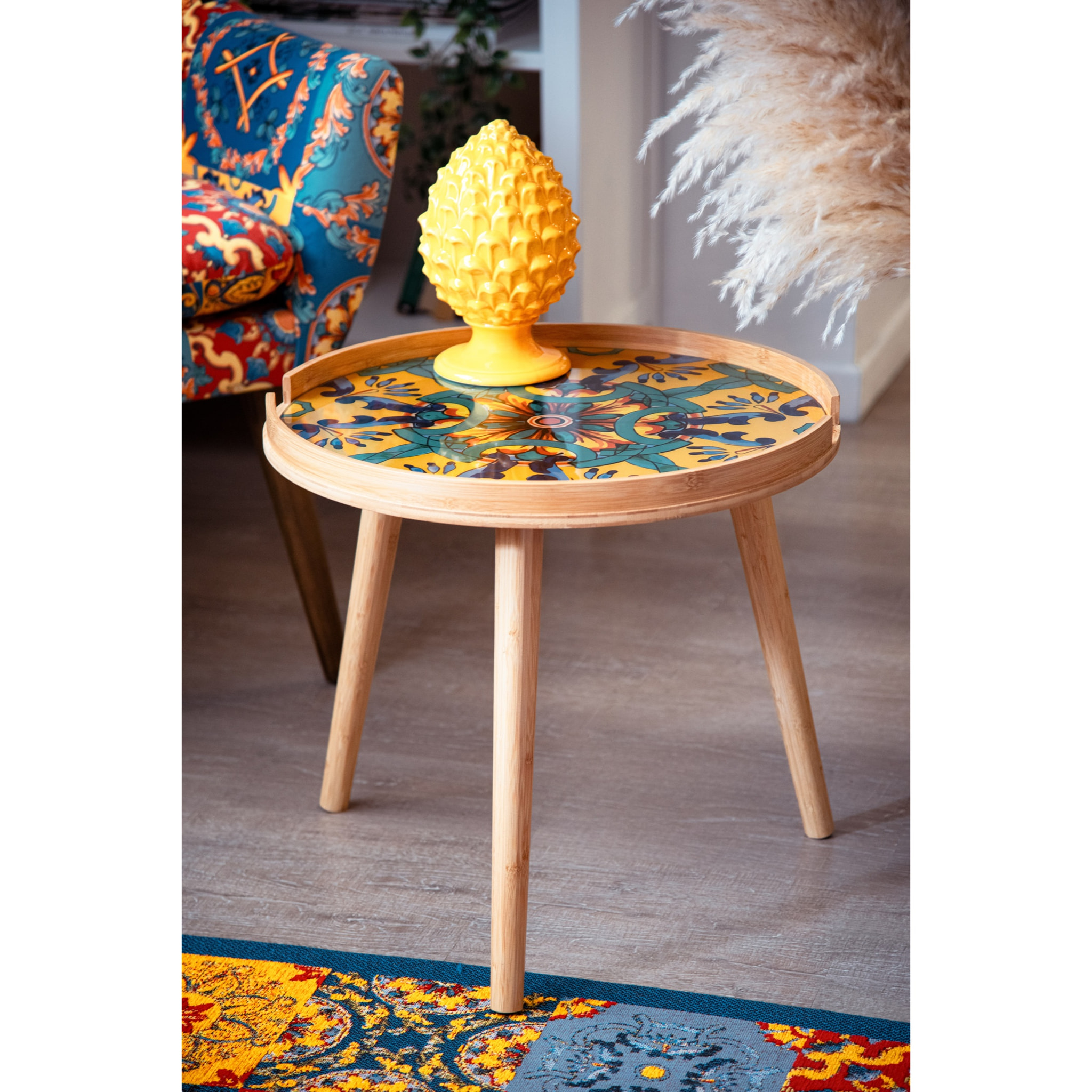 Tavolino Excelsa Trinacria in bambù e vetro 48x48x44 cm multicolore