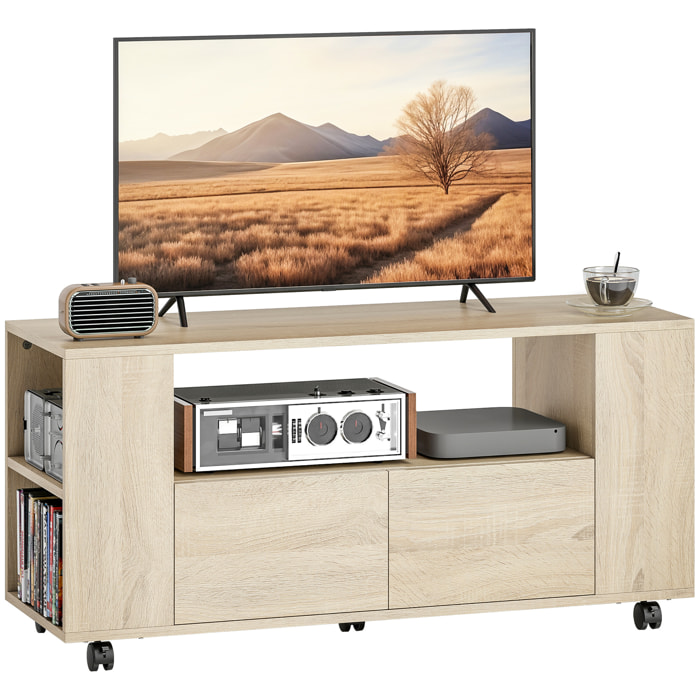 Mueble de TV con Ruedas, Mesa de TV Móvil, Mueble para Televisión hasta 42 Pulgadas, con 2 Cajones, Estantes Ajustables, para Salón, Comedor, Dormitorio, Madera Natural