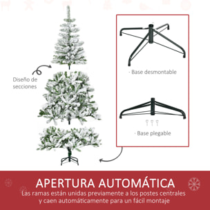 HOMCOM Árbol de Navidad Artificial 180 cm con Nieve Ignífugo con 750 Ramas Hojas de PVC Apertura Automática Base Plegable y Soporte Metálico Decoración Navideña para Interiores Verde