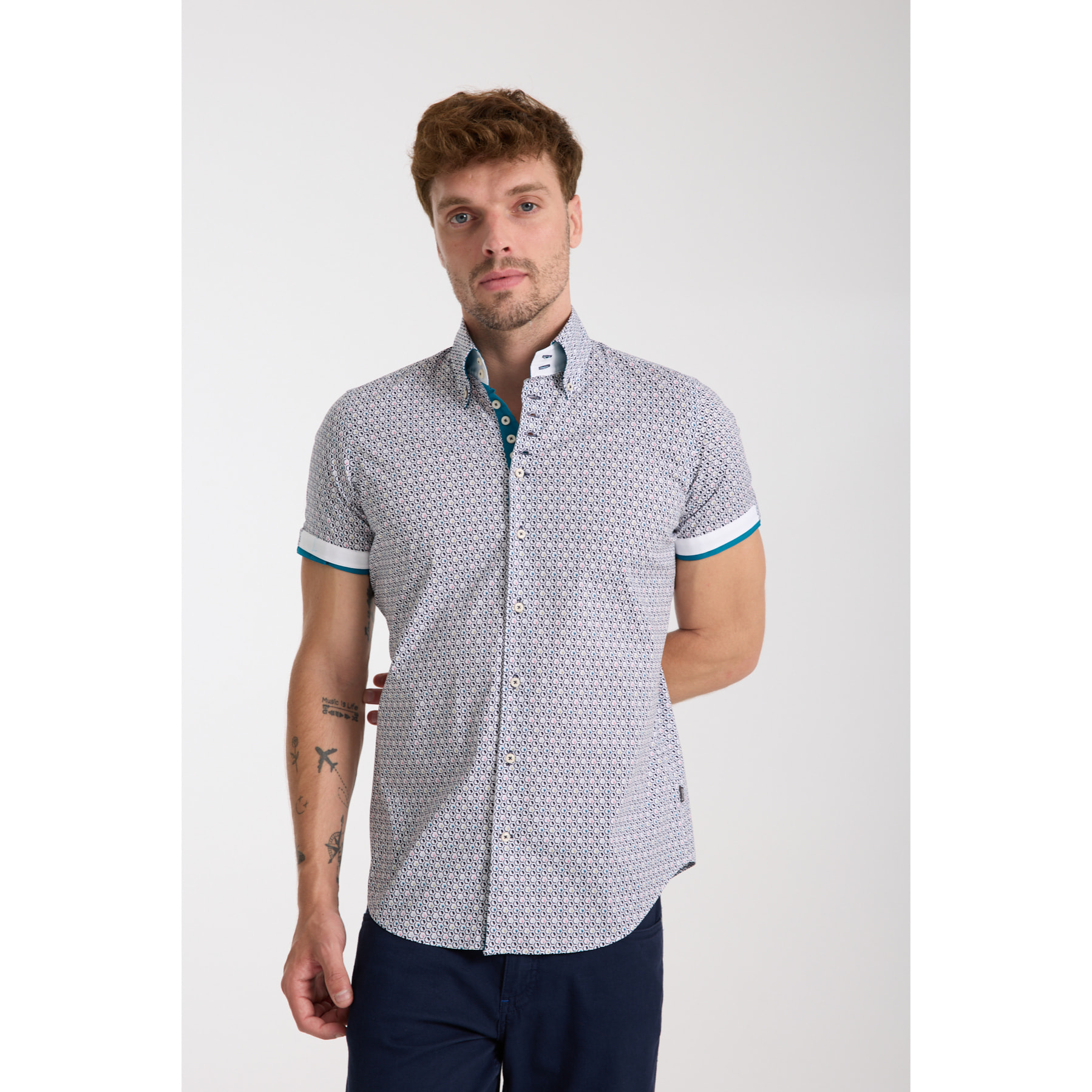 Camicia Uomo Manica Corta 2 Bottoni Button Down 7 Botto Popeline Stretch Stampato Bianco e Blu