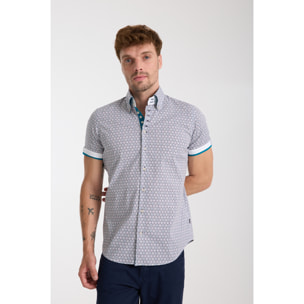 Camicia Uomo Manica Corta 2 Bottoni Button Down 7 Botto Popeline Stretch Stampato Bianco e Blu