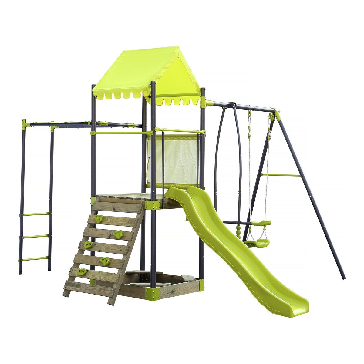 Aire de jeu portique en métal avec toboggan et bac a sable "Lucien" - Vert