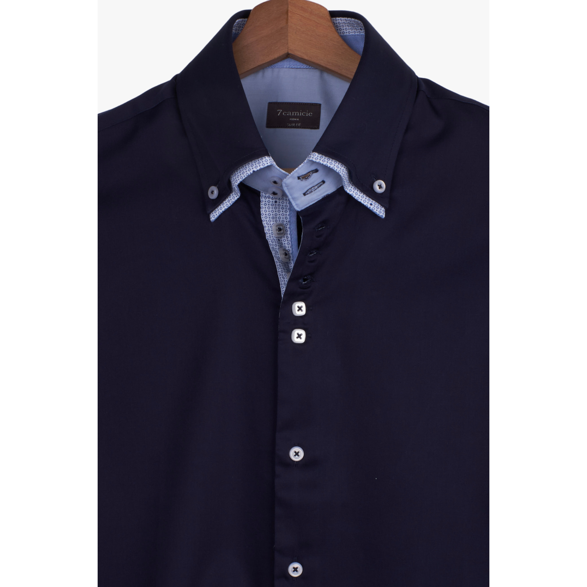 Camicia Uomo 2 Bottoni Button Down 7bottoni Doppio Coll Satin Unito Blu