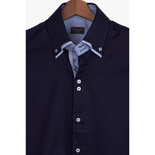 Camicia Uomo 2 Bottoni Button Down 7bottoni Doppio Coll Satin Unito Blu