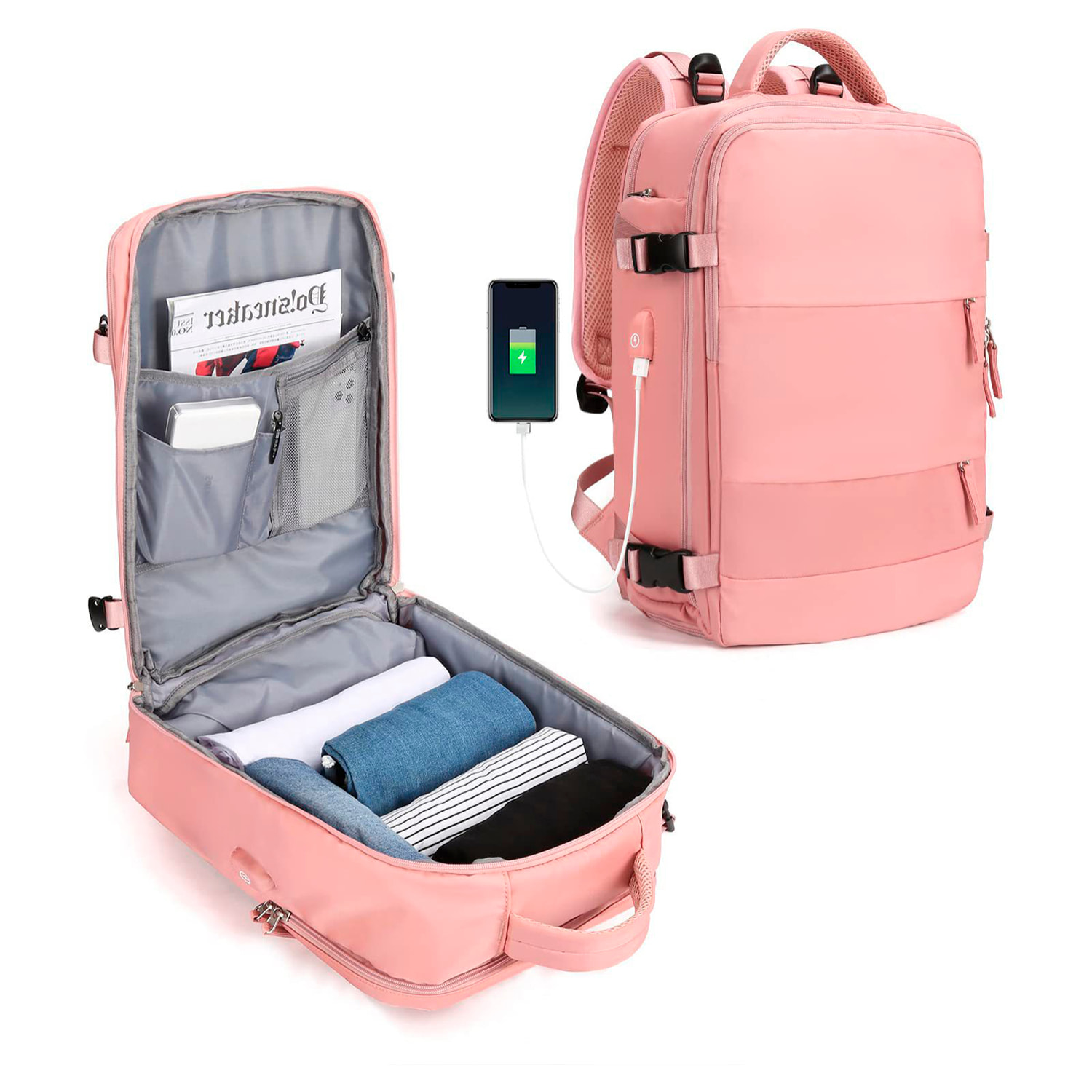 Zaino da cabina per viaggi di grande capacità con multicompartimento (calzature, abbigliamento, laptop).