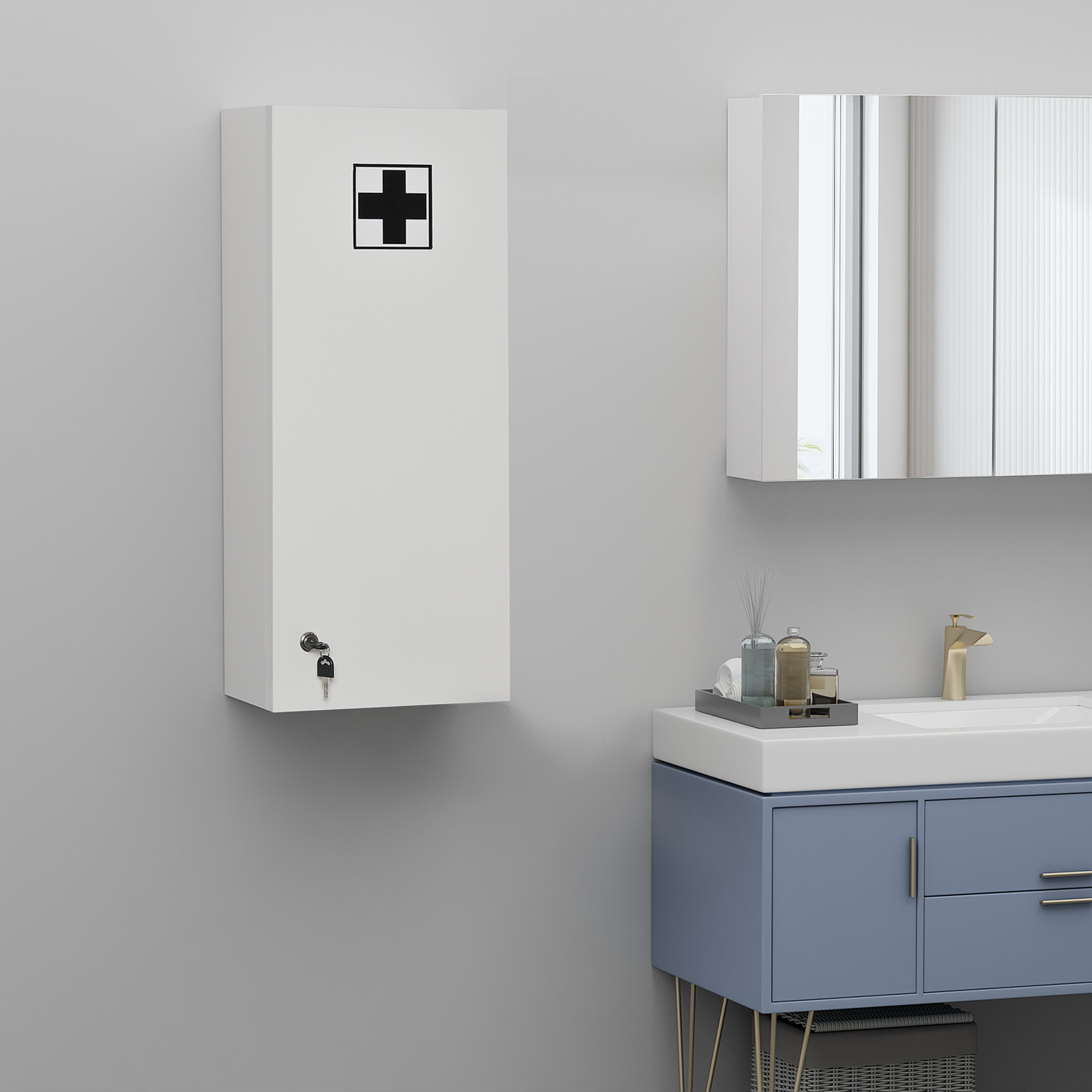 Botiquín de Pared de Primeros Auxilios, Botiquín de Medicinas de 5 Niveles con Estantes Ajustables de Vidrio, Cerradura y 2 Llaves, para Baño, Cocina, 30x20x70 cm, Blanco