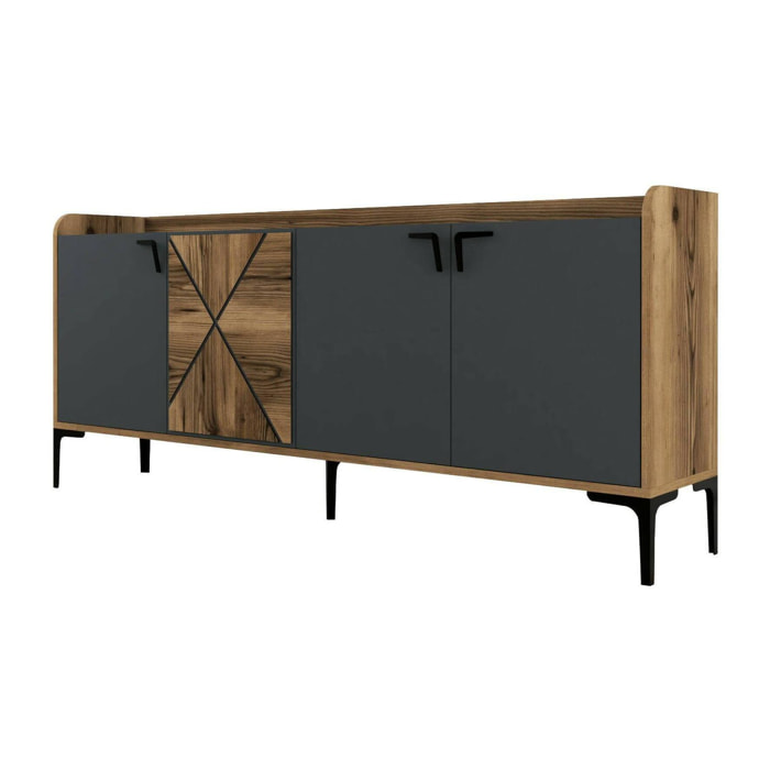 Credenza Also, Buffet da soggiorno, Madia da salotto, Dispensa da cucina, 180x35h78 cm, Noce e Antracite