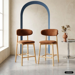 Tabouret de bar bois d'hévéa naturel et tissu chenille (lot de 2)  PAOLA