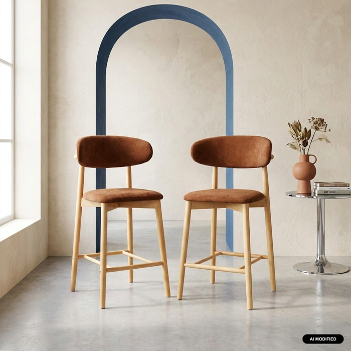 Tabouret de bar bois d'hévéa naturel et tissu chenille (lot de 2)  PAOLA