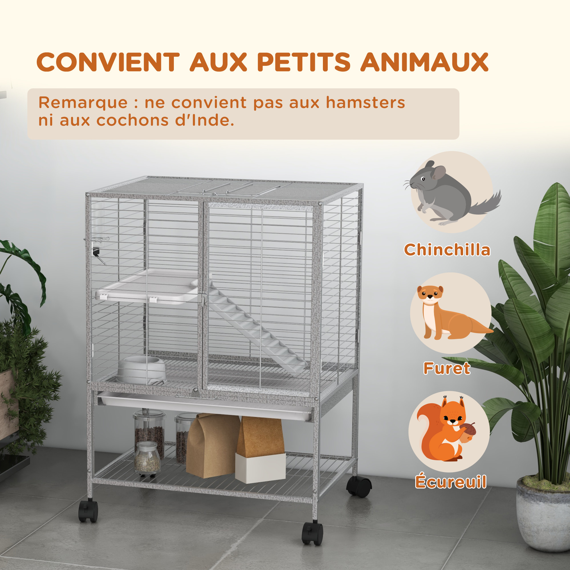 Cage pour rongeurs furet chinchilla plateforme rampe 2 portes biberon gamelle plateau étagère acier gris clair