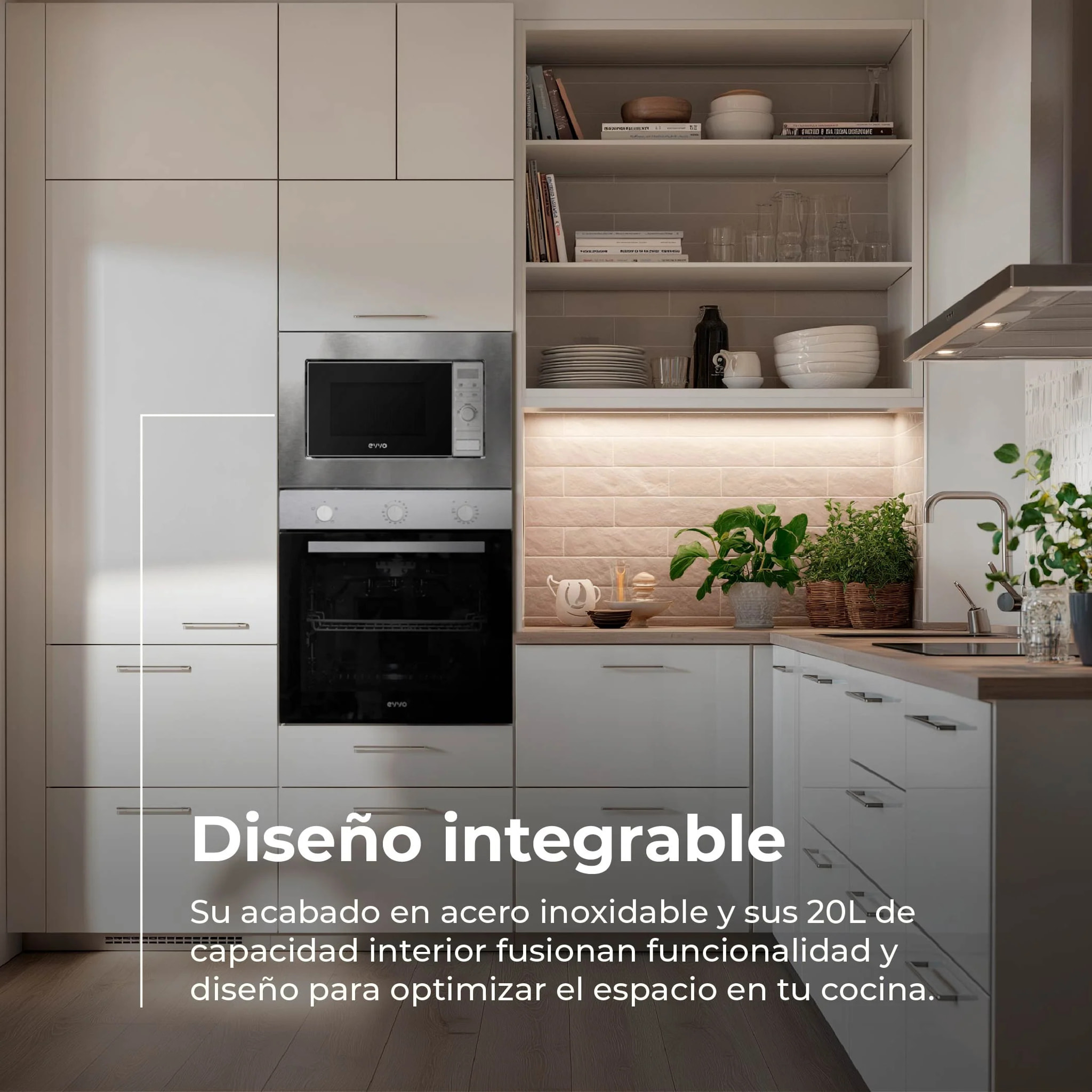 EVVO Microondas integrable Mi30 Inox, 21L , Grill 1000W, Efecto Brillante, Multifunción, Función Descongelar, Temporizador