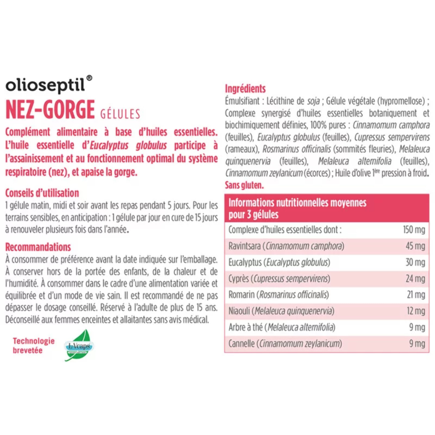 OLIOSEPTIL - Nez-Gorge - Complexe de 7 Huiles Essentielles Pures et Chémotypées - Assainit le Système Respiratoire & Apaise la Gorge - Dès 15 Ans - 15 Gélules