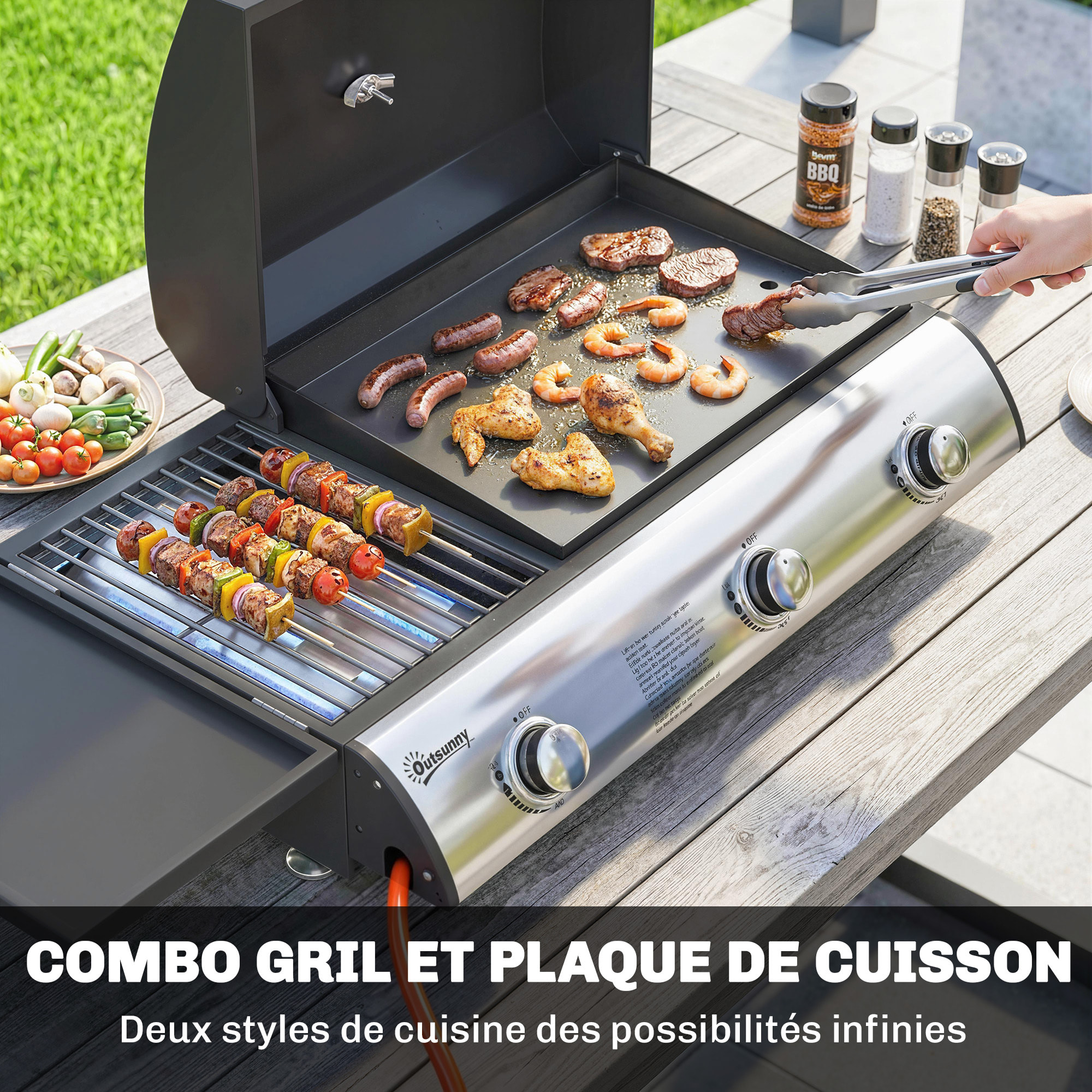 Barbecue à gaz de table combiné gril et plancha avec couvercle et thermomètre