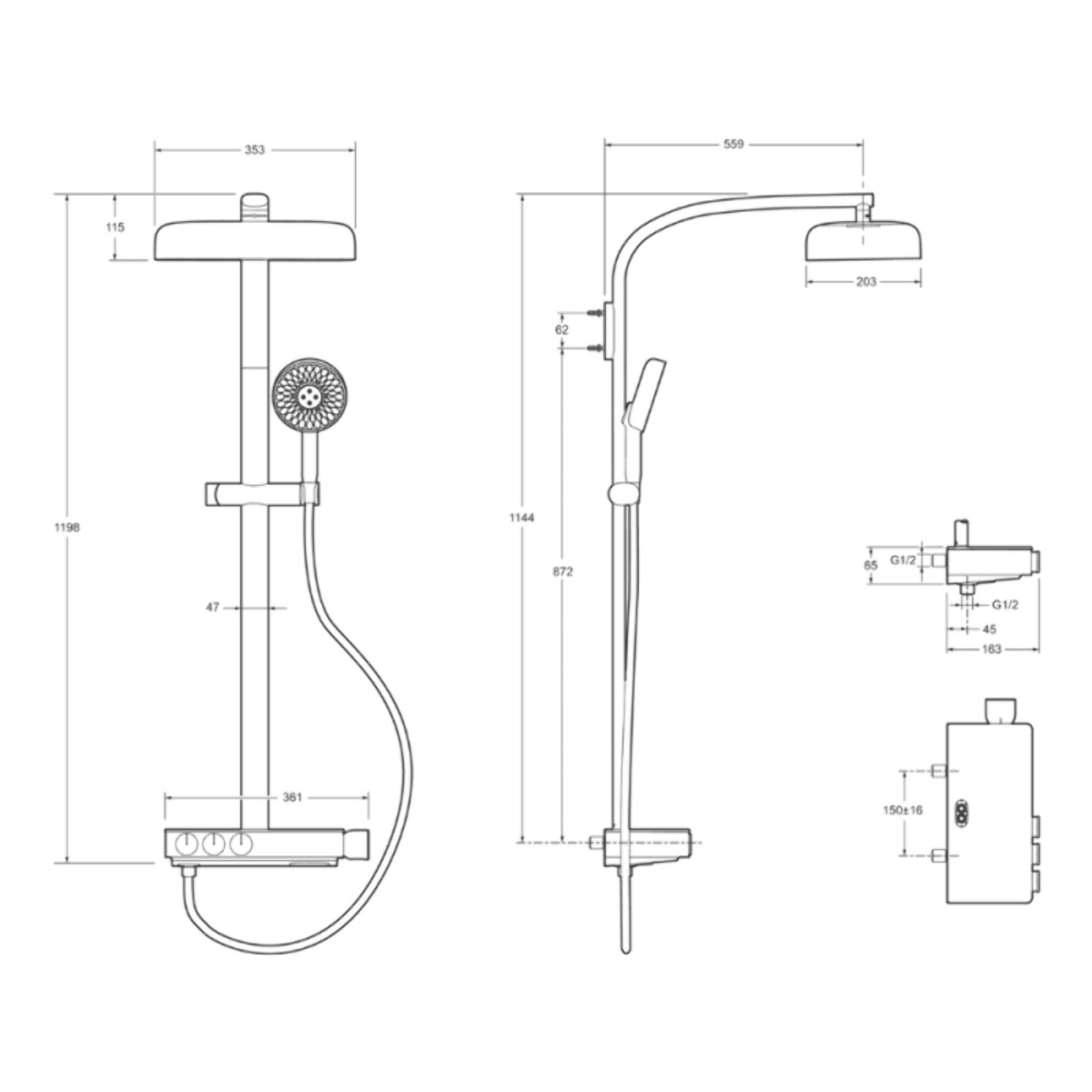 Colonne de douche thermostatique Grands Boulevards avec tablette en verre noir mat