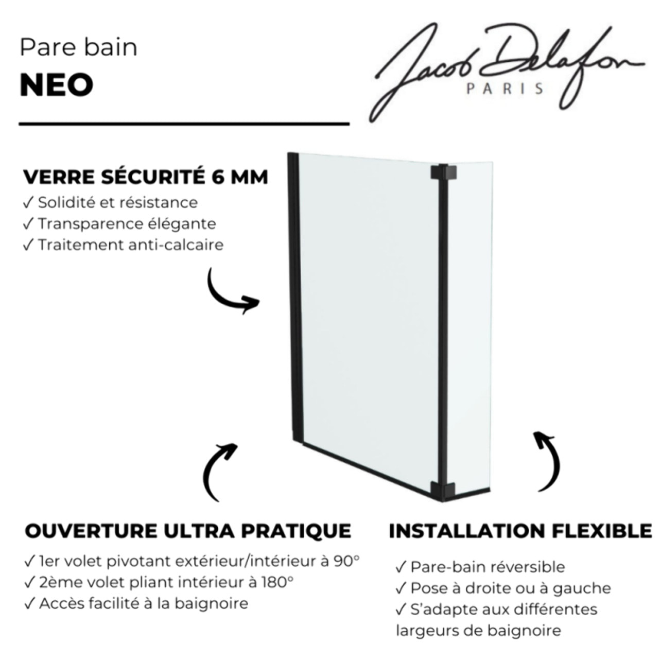 Pare bain Neo, 2 volets noir mat