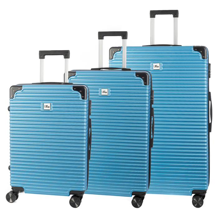 DAM Juego de 3 maletas Trolley, en material ligero ABS de alta resistencia con esquinas reforzadas. Cerradura numérica y 4 ruedas dobles extraíbles y giratorias 360°. 54x32x80 Cm. Color: Azul Vaquero