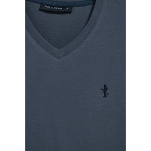 Camiseta azul denim de manga corta y cuello de pico con bordado Rigby Best