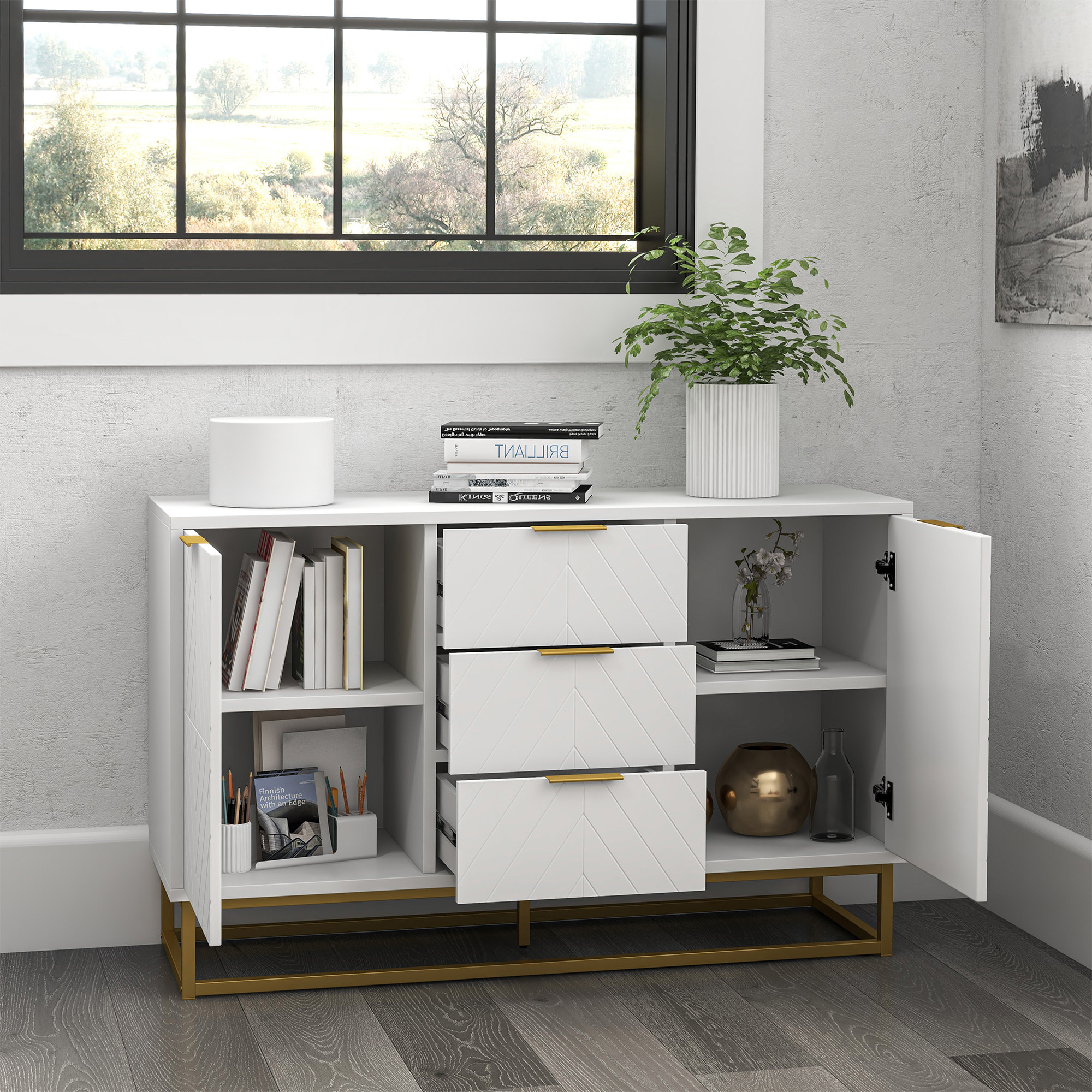 Buffet design contemporain graphique 2 placards porte étagères réglables 3 tiroirs coulissants MDF blanc métal doré