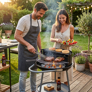 Barbacoa de Carbón Redonda Ø51 cm con Ruedas y Cortavientos - Parrilla Doble de Cocción - con Cuba Esmaltada y Asa