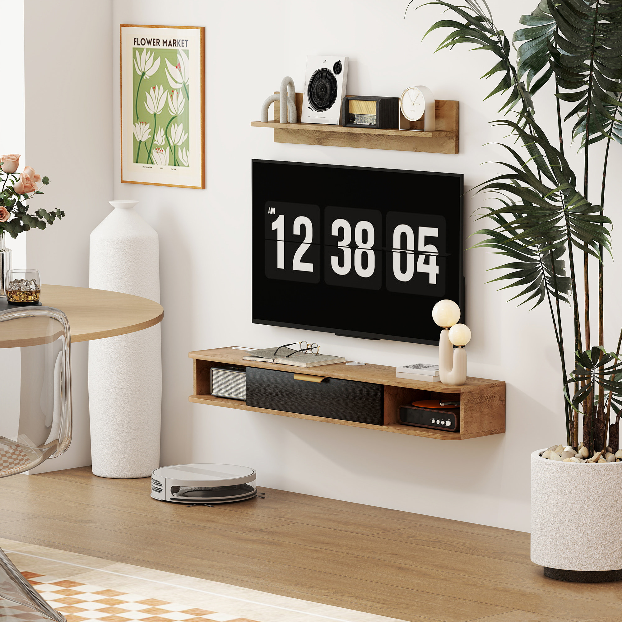 Conjunto de Muebles de Salón, Muebles de TV con Estante de Pared, Puerta, Estantes Abiertos, Orificios para Cables, para Televisión de Pared, 120x24x16 cm, Roble