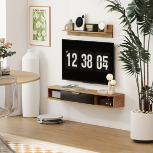 Conjunto de Muebles de Salón, Muebles de TV con Estante de Pared, Puerta, Estantes Abiertos, Orificios para Cables, para Televisión de Pared, 120x24x16 cm, Roble