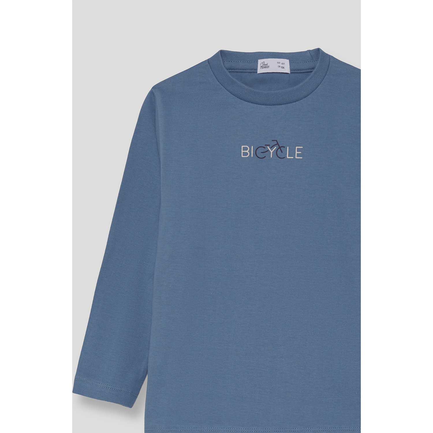 Camiseta niño azul de manga larga, estampado de bicicleta en el pecho, tejido suave y cómodo | Color: Azul medio | Street Monkey