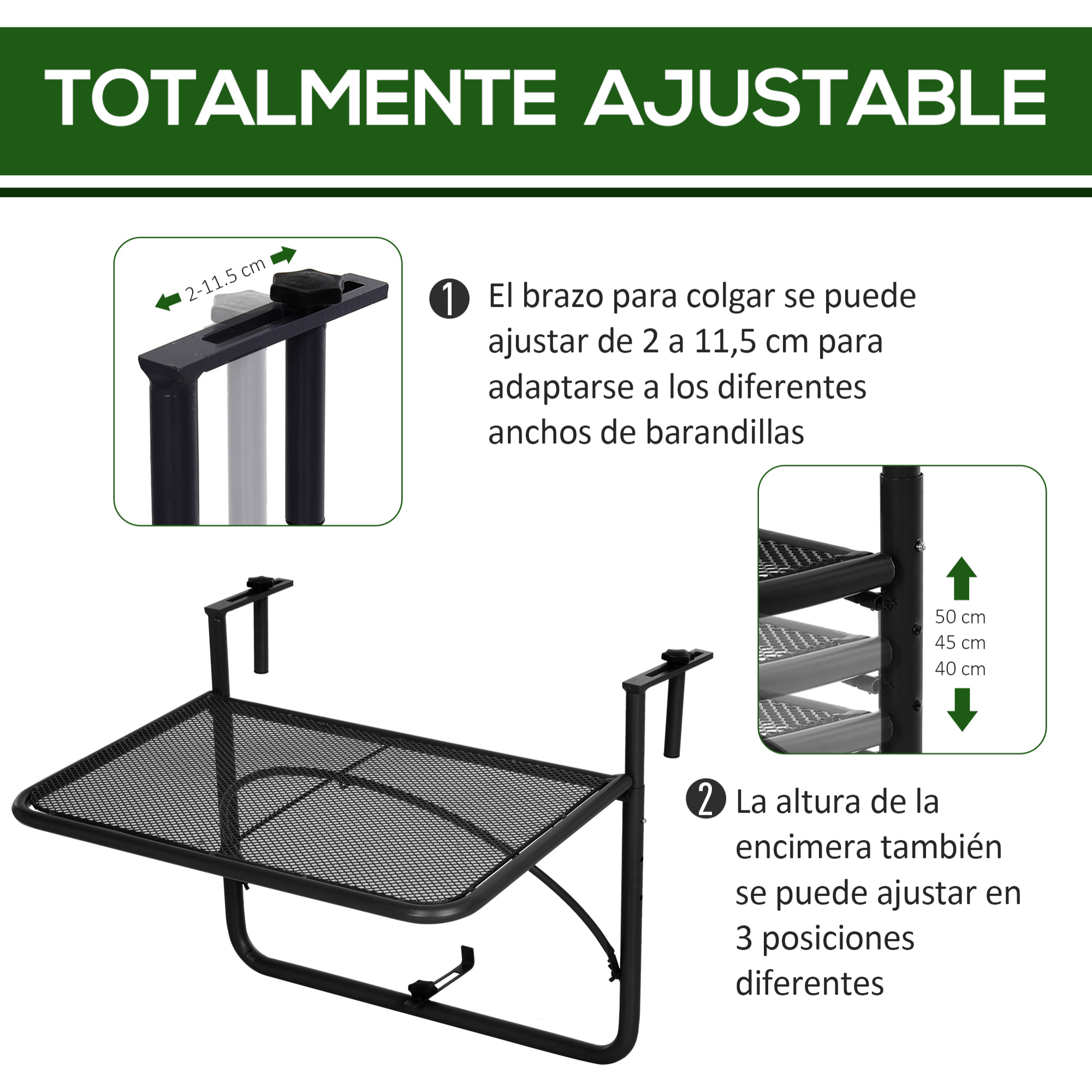 Mesa Colgante de Balcón con Brazo Regulable y Altura Ajustable en 3 Posiciones Marco Metálico Carga Máx. 30 kg 60x56x50 cm Negro
