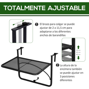 Mesa Colgante de Balcón con Brazo Regulable y Altura Ajustable en 3 Posiciones Marco Metálico Carga Máx. 30 kg 60x56x50 cm Negro